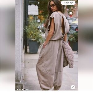 Free People Throw and Go Taupe Open-Back Relaxed Jumpsuit